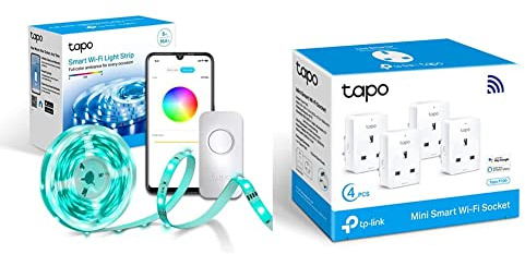 Tapo TP-Link Smart LED Light Strip, 5m, L900-5 Smart Plug Wi-Fi Outlet, Works with Amazon Alexa (Echo and Echo Dot), Google Home, Wireless Smart Socket, P100 (4-Pack)