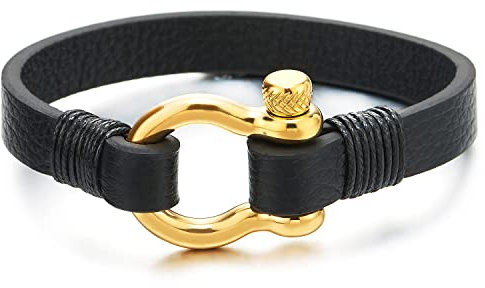 COOLSTEELANDBEYOND Gold Schraube Anker Damen Herren Schwarz Leder Armband, Nautisch Matrose Wickeln Strap Schweissband