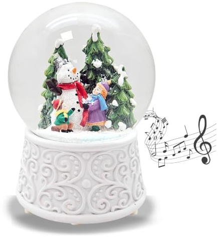 Schneekugel Weihnacht Stimmung | Schneemann Bauen Winterszene auf Sockel weiß, Pure-Line | Durchmesser 100mm | Schüttelkugel | 20306