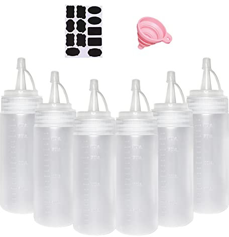 Juncture Paquete de 6 botellas de plástico de 200 ml para salsa exprimible con tapas giratorias, botella para condimentos, botella de pigmento para pintar