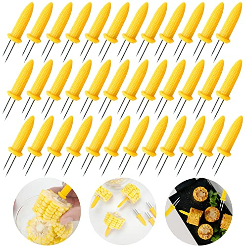 PEOUWNES Lot de 36 supports de maïs en acier inoxydable, brochettes de maïs sur le gril, brochettes de maïs sur l'épi, double fourchette pour maïs sucré, fourchette de cuisine maison et barbecue