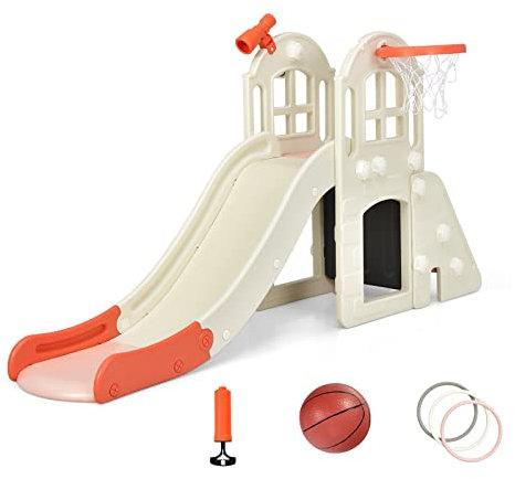 DREAMADE 6 in 1 Kinder Rutsche mit Basketballkorb & Klettern & Ringwurf & Tunnel & Teleskop, Kinderrutsche, Kinder Spielplatz für Jungen & Mädchen 3-8 Jahren (Rosa)