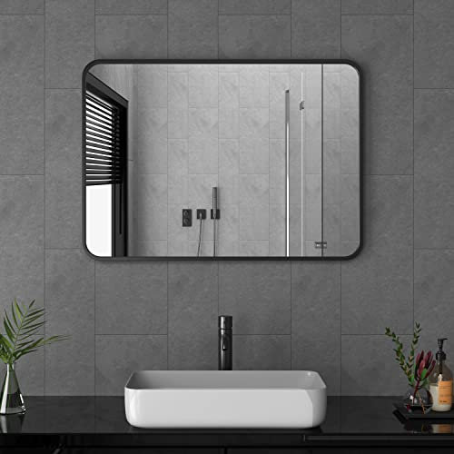 Goezes Spiegel Schwarz Badezimmerspiegel 40x60cm Schwarz Rechteckiger Metallrahmen Badspiegel Morden Dekorative Wandspiegel für Waschraum, Waschräume, Schlafzimmer, ohne LED