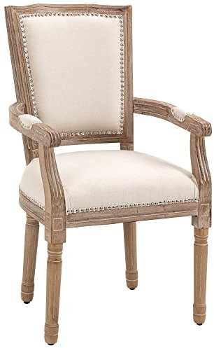 HOMCOM Esszimmerstuhl, Küchenstuh aus Massivholz, Gepolsterter Stuhl, Polsterstuhl mit Leinen-Touch, Wohnzimmerstuhl im Vintage Design, Cremeweiß, 59 x 63,5 x 96 cm