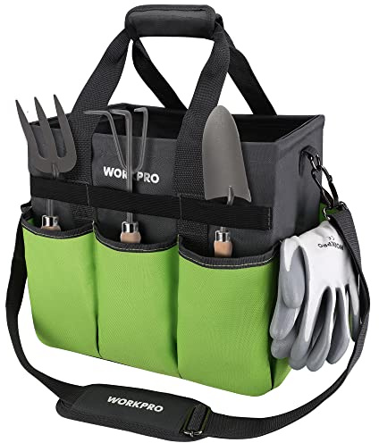 WORKPRO Garden Tool Bag Organizer, Heavy Duty Gardening Tote Bag with 10 Pockets and Long Adjustable Shoulder Strap, Standable Garden Home Tool Kits Organizer, Green (Tools are not Included)