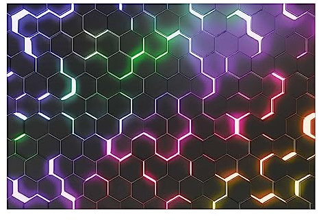 Bilderwelten Fototapete Gaming Struktur Hexagone mit Neonlicht 225 x 336 cm Vlies-Tapete XXL Smart Wandtapete Wanddekoration Wohnzimmer Schlafzimmer