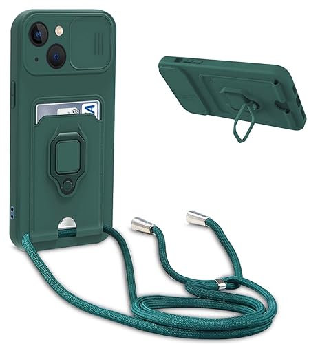 BGHHEU Handykette Schutzhülle kompatibel mit iPhone 14 Handyhülle mit Band,Schiebe Kameraschutz,360 Grad Ringhalter Stand,Kartenfach,Verstellbarer Halskette Silikon hülle - Dunkel Grün