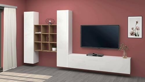Dmora Parete attrezzata Denis, Set Salotto Porta TV a 3 Ante, Mobile Soggiorno Multiuso, 100% Made in Italy, cm 270x30h180, Bianco Lucido e Acero