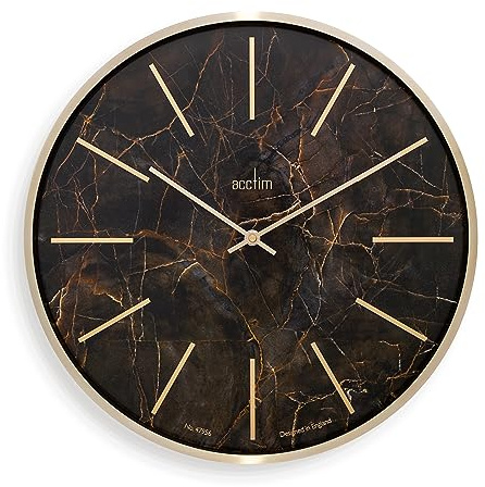 Acctim Luxe Wall Clock Quartz Brushed Metal Embossed Golden Batons Brass Hands Dark Marble 40cm