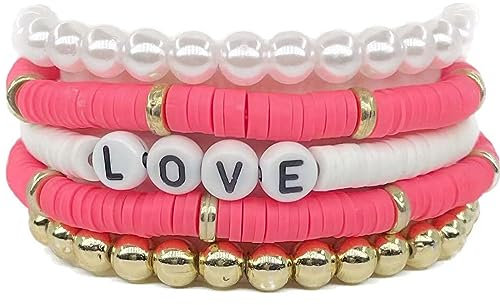 Clataly Lot de 5 bracelets en poterie douce colorée lettre Love bracelet empilable élastique perlé bracelet Femmes bijoux (Rose rouge)