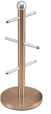 Optimal Products Stainless Steel 6 Cup Mug Tree Stand And Kitchen Towel Paper Roll Pole Holder Free Standing Bath Rack (Rose Gold, Mug Tree)