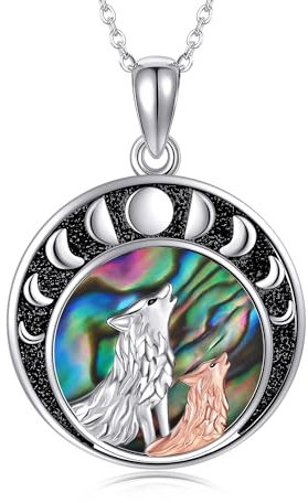 URONE Wolf Halskette Sterling Silber Wolf Mondphase Anhänger Halskette Wolf Schmuck Geschenke für Frauen