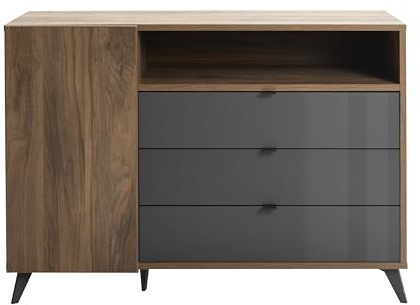 AVANTI TRENDSTORE Contandone Kommode aus laminiertem Holz in der Farbe Nussbaum, glänzend und grau. Teil der Möbelserie Contandone. Maße LAP 133 x 97 x 41 cm