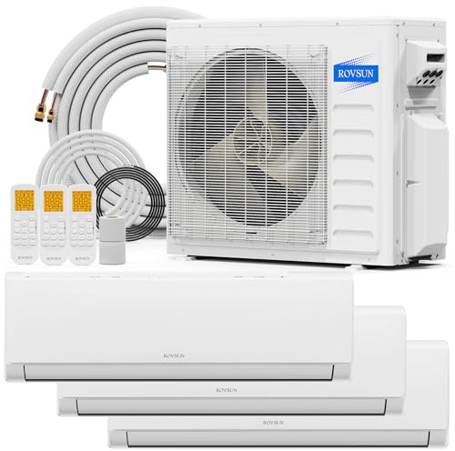 ROVSUN 3 Zone 28000 BTU (9K/9K/9K) Mini Split AC/Heating System, 20 SEER2 Tri Zone Ductless Wall Mounted Air Conditioner with Pre-Charged Condenser, Heat Pump & 25Ft Line Set, 208-230V