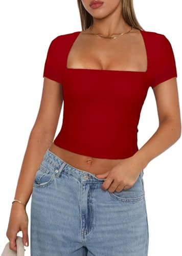 Women's Sexy U-Neck Crop Tops - Casual Short Sleeve Y2K T-Shirts - Solid Color Slim Fit Basic Tops (Short Sleeve Red, M)