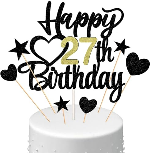 Conruich Tortendeko Happy Birthday Cake Topper 27. Geburtstag Mann Frau, Kuchendeko Happy 27th Birthday, Kuchen Topper 27. Geburtstag Ballons Konfetti für Geburtstagstorte Deko 27 Jahre Frauen Männer