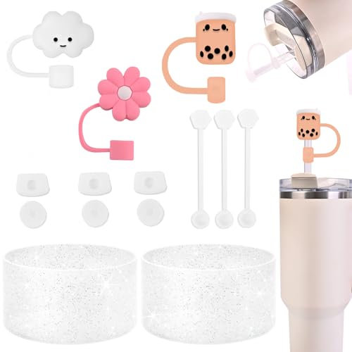 Stanley Becherzubehör-Set mit 9 auslaufsicheren Silikon-Stopfen, 3 x 10 mm Strohhalm-Abdeckkappen, 2 x glitzernde Silikon-Stiefelhüllen für Stanley Cup Stanley 1,2 l und 850 ml Becher, 14-teiliges Set