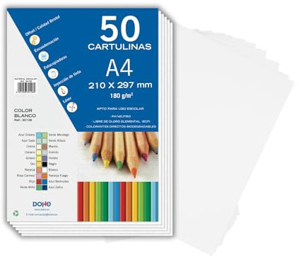 Dohe - Weißer Karton A4 (50 Stück) - Größe 21 x 29,7 cm, Dicke 180 g/m², Basteln, Druck und Schulbedarf