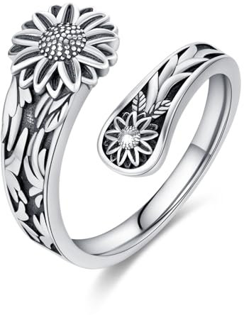 Open Ring S925 Sterling Silver Spoon Ring Vintage Boho Sunflower Thumb Rings Oxidized Wrap Ring Victorian Style Antique Floral Jewelry Gifts for Women