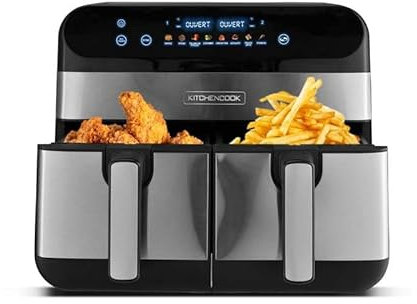 Kitchencook - Friteuse Sans Huile Avec Deux Cuves - 9 Litres - 2400w - 8 Programmes - Minuterie - Thermostat Réglable - Inox
