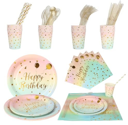 192Pcs Gold Dot Rainbow Birthday Party Tableware Supplies, Pastel Rainbow Plate Cups Napkins Straw Serve 24, Happy Birthday Decorations Forks Spoons Knives (Pink)