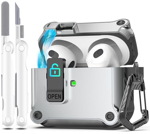R-fun Compatible con AirPods 3ª Generación 2021 Funda de Carga, Protección Total contra caídas Auto Pop-Up Tapa Compatible con Apple Airpods 3 Gen Funda con Kit de Limpieza y Llavero,Plata