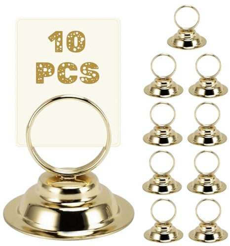 Tissting 10 Stück Tischkarten Halter Menükartenhalter Gold 5cm Edelstahl | Tischnummernhalter Metall Bilderhalter Kartenhalter mit Sockel, für Hochzeit Geburtstag Party Restaurant