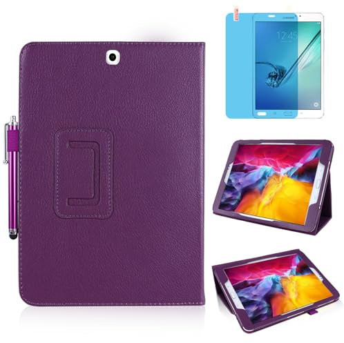 Funda para Samsung Galaxy Tab A 9.7 Inch 2015 (SM-T550 T555 P550 P555), Múltiples ángulos Stand Tabletas Protectora Cover Casos,Tener Bolígrafo Táctil,Película Protectora (Purple)