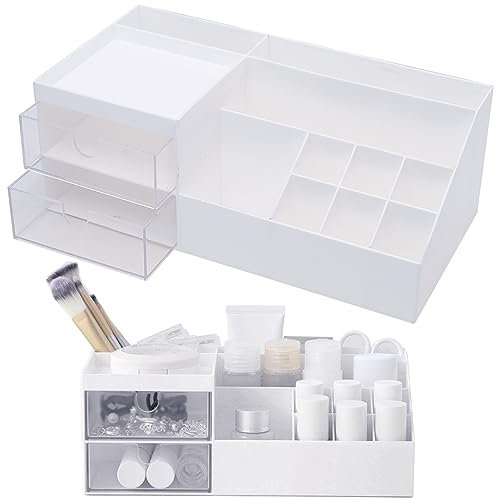 YHSKJCD White Makeup Organizer with Drawer - Office Desktop Storage Box, Cosmetic Brush Holder, Desk Organizer for Office, Vanity, Bathroom & Bedroom