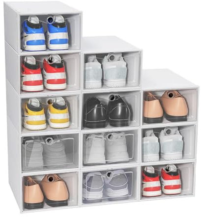 VUDANZYER Shoe Storage Box, 12PCS Clear Shoe Boxes Stackable Foldable, Shoe Storage Organiser for Sneakers, Trainers, Hallway, Under Bed, Women, Men