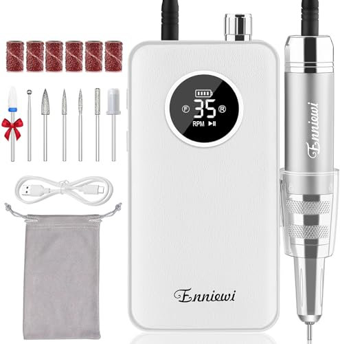 Enniewi Nail Drill 35000 RPM, Portable Electric Nail File for Acrylic and Gel Nails, Rechargeable Professional Nail Drill Machine, Cordless E File Manicure Pedicure Kit for Home Salon, White