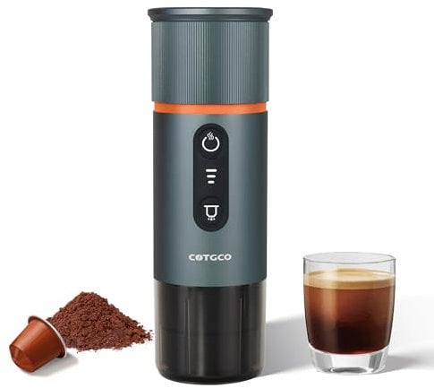 COTGCO Portable Espresso Machine Travel: 12v Electric Mini Coffee Maker with Battery - 8 Cups Expresso for One Charge - Compatible for NS Capsule - for Car Hiking Camping