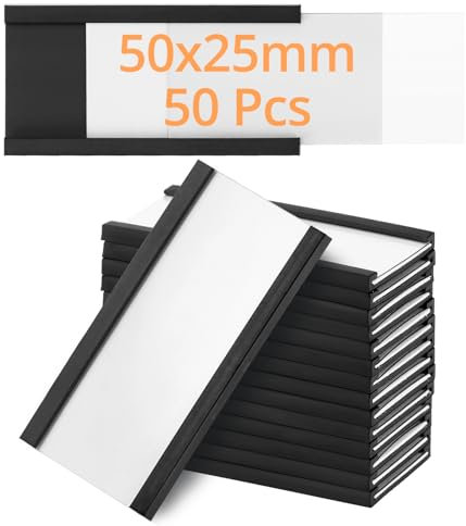 QWORK® 50 Pack Magnetic Label Holder - 25mm x 50mm - Reusable & Weatherproof with Protective Film - Magnetic Name Tags for Metal Shelf Locker Whiteboard