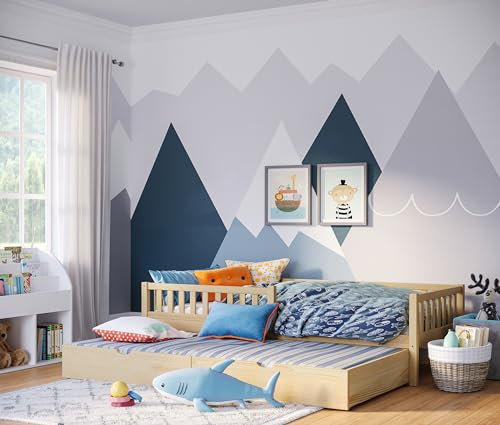 Bellabino Kinderbett Vils 90x200 cm mit Gästebett, Einzelbett inkl. Lattenrost aus Kiefer Massivholz, Kinder Bett mit Rausfallschutz, Bett 90x200 in Natur lackiert inkl. 2 Matratzen