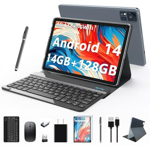 Android14 Tablet 2025 Latest 10 inch 128GB ROM+14GB RAM+1TB Expand Octa-Core 5G WiFi,4G Cellular with 2 Sim Slot 13MP+8MP 7000mAh BT5.0 GPS 2 in 1 Tablet with Keyboard|Mouse|Pen|case-Grey