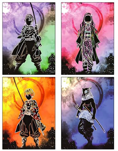 WKxinxuan Demon-Slayer Poster, 4 Stück Anime Wandaufkleber, Kimetsu no Yaiba Poster mit Nezuko, Tanjiro, Inosuke und Zenitsu, Wanddekoration für Kinder, 21x30cm