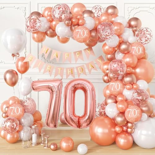 70th Birthday Decorations for Women, Rose Gold Balloons Garland Arch Kit Party Decorations with Number 70 Foil Balloon Happy Birthday Banner, Rose Gold Decor for 70th Birthday Party