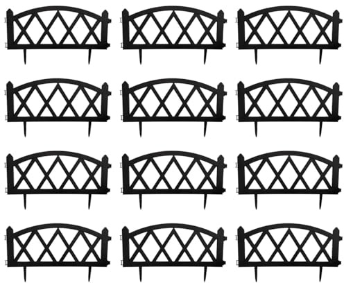 Tradineur - Pack de 12 vallas de plástico decorativas de jardín, borde para césped, plantas y flores, decoración de exterior (Negro - 60 x 34 cm)