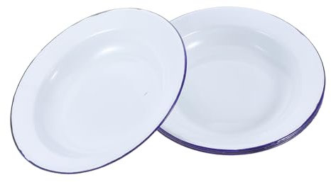 OUNONA 5pcs Vintage White Blue Rim Enamel Round Food Plates Household Baking Tray for Hot Pot Snacks Family Gathering Use