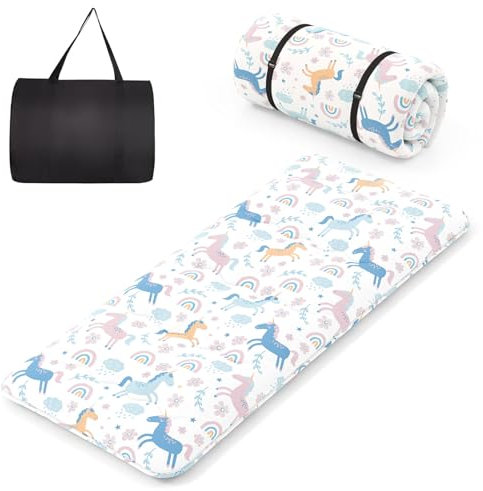 COSTWAY Japanische Futon Matratze, Tatami-Matte, Bodenmatratze, Klappmatratze mit waschbarem Bezug, Faltbare Schlafmatte mit Tragetasche, Beige, 90 x 200 cm (90 x 200 cm,Bunte Ponys)
