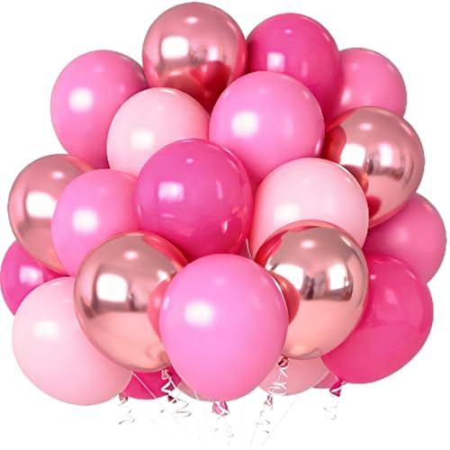 Latex Balloons, 35-Pack, 12 in, Mixed Pink and Rose Gold With Ribbons | Round Pastel, Fuchsia and Reflective Finishes, for Birthday Decorations, Bridal Showers, Weddings and Balloon Arch Displays