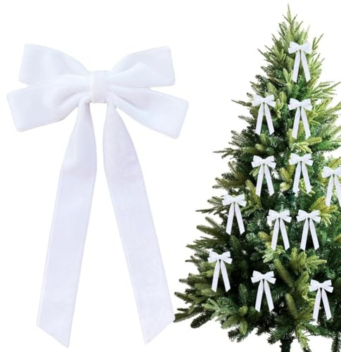 12 x Samt-Weihnachtsbaumschleifen, 12,7 x 25,4 cm, Weihnachtsschmuck, Vintage-Samtband-Schleifen für Baum, Girlande, Kranz, Innenbereich, Weihnachten, Hochzeit, Urlaub, Dekoration (weiß)