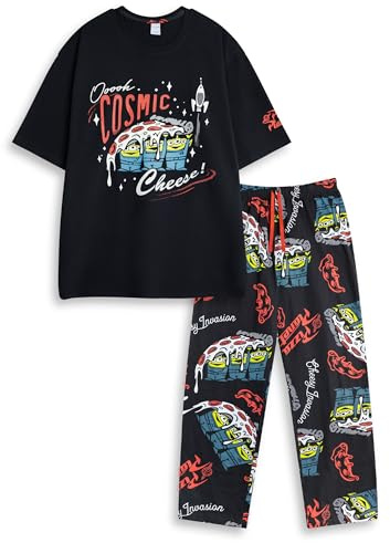 Disney Toy Story Aliens Men's Black Short Sleeve Long Leg Pyjama Set | Retro Cosmic Cheese Print Nightwear | Comfortable Sleeping Loungewear Merch