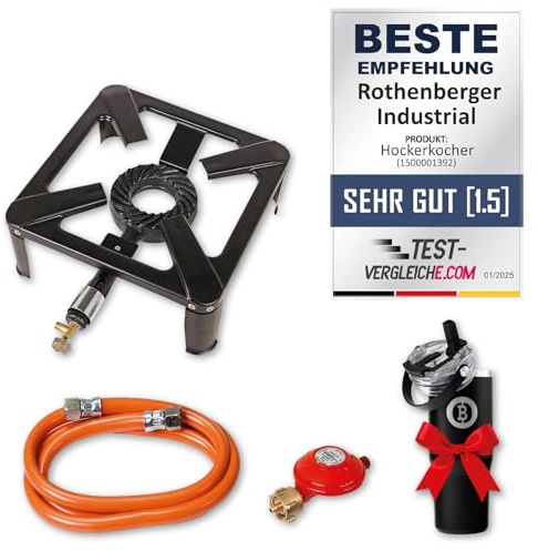 ROTHENBERGER Industrial Hockerkocher inkl. 1,5 m Propan-Gas-Schlauch & Propan-Konstantregler für Camping, Outdoor | ***mit hochwertigem Thermo Kaffeebecher/Getränkebecher 960 ml - auslaufsicher***