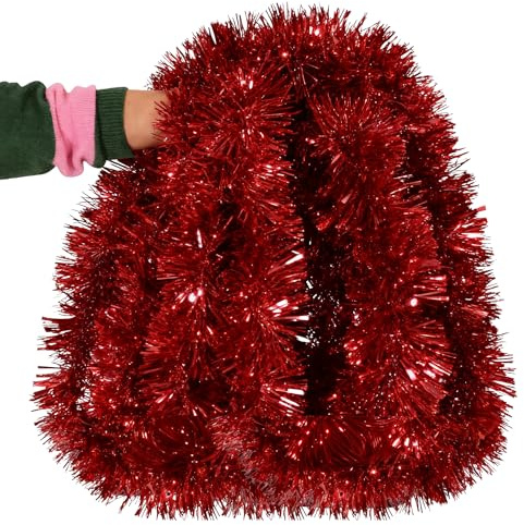 10m Red Chunky Tinsel – 10 Metres Sparkly Xmas Garland for Christmas Tree Decorations, Home & Office Christmas Décor UK