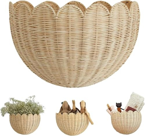 Wandkorb Geflochten Rattan Wand Hängekorb Geflochtener Boho Hängend Wandkörbe Blumenkorb Aufbewahrungskorb Deko Korb Storage Basket für Wohnzimmer Küchen Kinderzimmer Bad Schlafzimmer Flur (Groß)