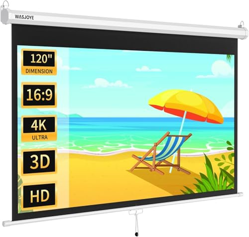 WASJOYE Écran de Projection Manuel - Universal 120 Toile Videoprojecteur Enroulable Rétractable, Projector Screen avec Verrouillage Automatique, Hauteur d'Ecran réglable, Lunette Noire Masquée