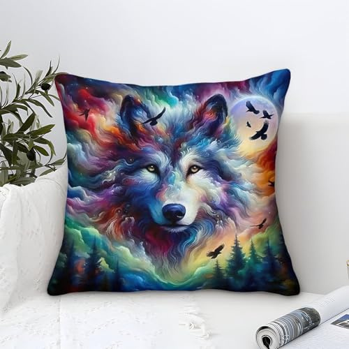 YYVKPMLXC Wolf Kissenbezüge Modern-Abstract Muster Bunter Nebelwald Quadratisch Kissen Bezüge,Weicher Polyester Dekokissen Kissenhülle Für Sofa Schlafzimmer Zuhause Dekor 50x50cm