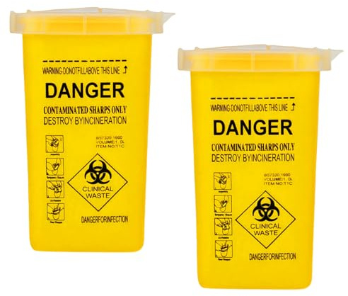 2 Pcs Sharps Box for Needles, Travel Sharps Bin, 1L Sharps Bin Small Needle Bin, Multi Purpose Sharps Portable Small Trash Bin for Home, Clinics, Tattoo Parlors & Travel (Yellow)