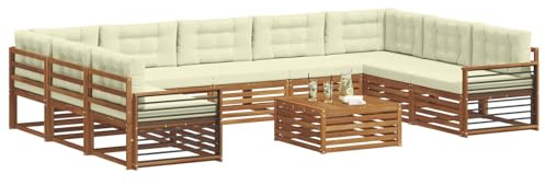 vidaXL Sofagarnituren 10 pcs Natur und Creme Massivholz Akazie, Moderner Garten-Sofa, Outdoor-Sitzgruppe, Lounge-Set für die Terrasse, bequem und robust